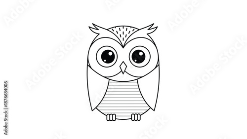 Cute minimalist line drawing of a round owl features large, expressive eyes and a textured belly, perfect for children's decor.