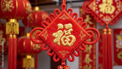 Close-up of festive red Chinese knots for New Year decoration