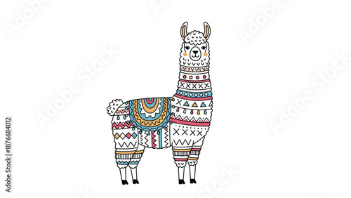 Vibrantly colored llama illustration features geometric patterns and traditional South American textile designs on a white background.