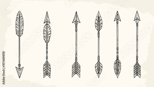 Set of six vintage arrows features detailed etchings, stone heads, and realistic feather fletching on a textured background.
