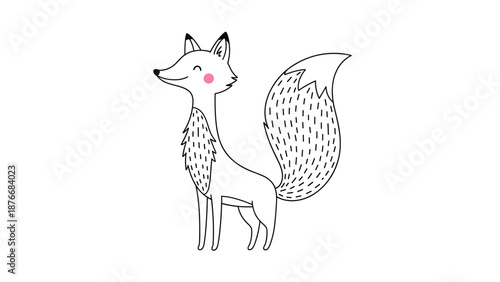 Graceful line art drawing captures a standing fox with a long, slender body and a large, fluffy tail, featuring minimal pink cheek detail.