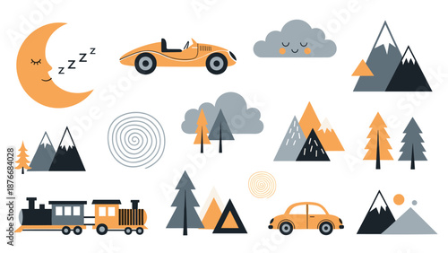 Whimsical collection of nursery elements includes a sleeping moon, cars, a train, mountains, pine trees, and fluffy clouds in soft colors.