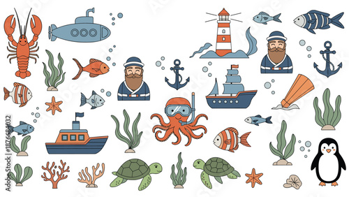Extensive collection of maritime icons features sailors, various ships, sea animals, diving gear, anchors, and a coastal lighthouse.