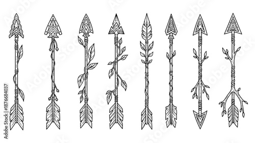 Detailed set of eight tribal arrows features climbing vines, leaves, and intricate carvings in a vertical black and white line art composition.