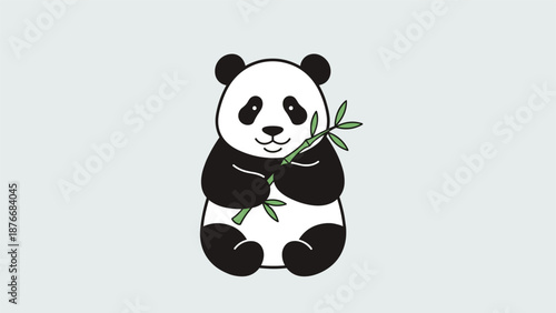Cute giant panda illustration features the adorable animal sitting and eating green bamboo stalks against a clean light grey background.