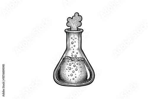 Chemistry flask with bubbling liquid and steam, scientific lab equipment illustration