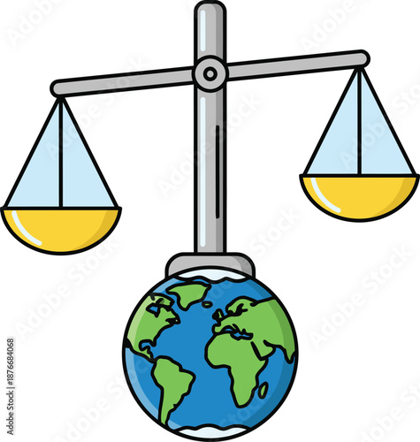 A balance scale resting on planet Earth highlights critical global issues and the quest for equilibrium
