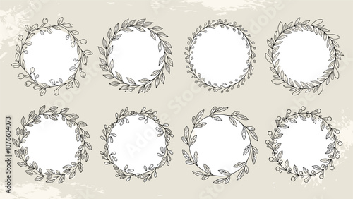 Large set of eight unique hand drawn laurel wreaths and circular floral frames in a sketchy black and white style for classic logo designs.