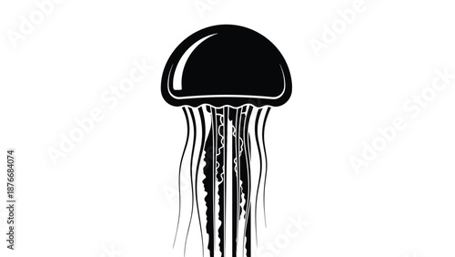 High contrast black silhouette of a jellyfish with long trailing tentacles is shown against a plain white background in a graphic icon.