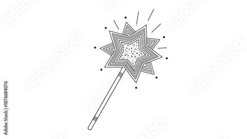 Magical star wand illustration features a sparkly star head with radiating lines and dots in a simple black and white line art drawing.