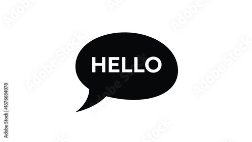 Bold white hello text is placed inside a black oval speech bubble to create a simple yet striking greeting or conversation design element.