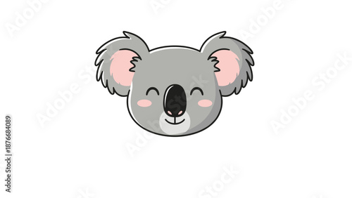 Cute koala face illustration features a smiling grey marsupial with pink cheeks and a black nose set against a clean white background.
