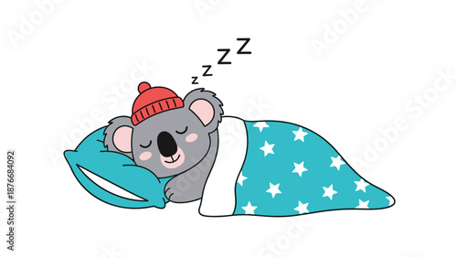 Peaceful sleeping koala character is tucked into a blue star patterned blanket and pillow wearing a red winter hat for a cozy nursery art.