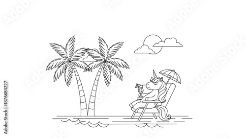Relaxing unicorn illustration sitting on a beach chair under palm trees with a tropical drink on a sunny day line art.