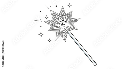 Sparkly magic wand with a large multi-layered star on top and radiating magic stars against a clean white background.