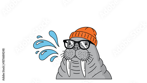 Cool walrus character wearing large black glasses and a bright orange beanie with water splashes on a white background.