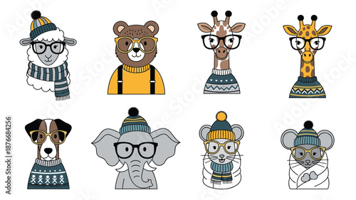 Collection of eight cute animal characters including bear giraffe dog and elephant wearing hipster glasses and warm sweaters.