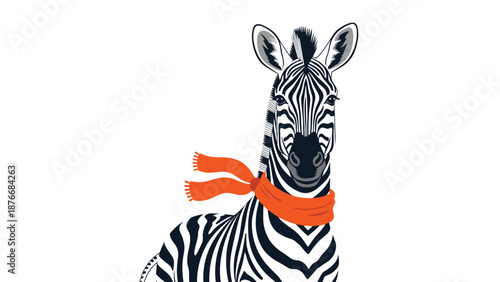 Stylish zebra portrait illustration wearing a long bright orange scarf wrapped around its neck against a white background.