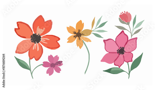 Modern watercolor floral art with vibrant botanical flowers and delicate leaves on white