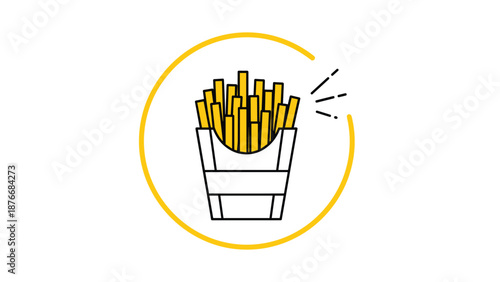 Golden yellow french fries in a white paper box container surrounded by a thin yellow circle on a white background.