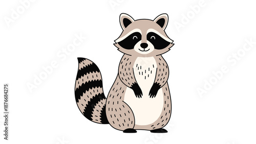 Cute raccoon character illustration standing upright with its striped tail and friendly expression on a white background.