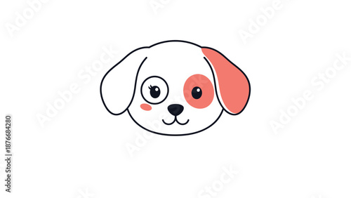 Adorable white dog face illustration with a pink spot over one eye and rosy cheeks against a clean white background.