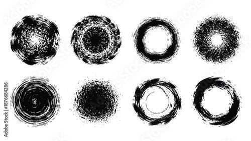 Set of eight black ink brush stroke circles and textured round splats in various sizes and shapes on white background.