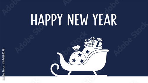 Festive New Year greeting card features white silhouettes of a gift-filled sleigh and the words HAPPY NEW YEAR on a dark blue background.