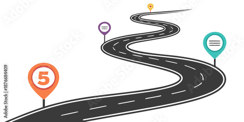 Winding road with colorful location pins and milestones vector