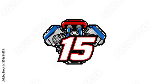Racing Engine Number 15 Logo - V8 Motor Icon.
