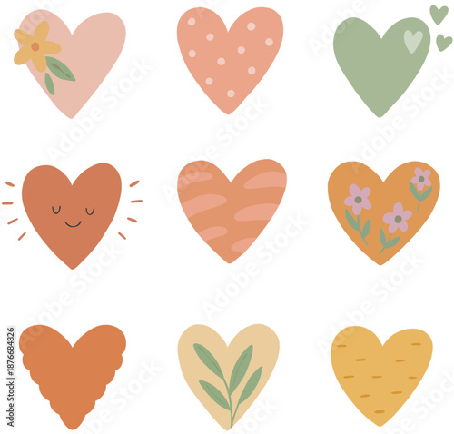 Cute Hand Drawn Heart Set with Floral and Pattern Elements, Pastel Love Collection