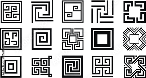 Assortment of Geometric Maze and Greek Key Square Designs Keywords: maze, labyrinth, greek key, meander, geometric, pattern, square, design, icon