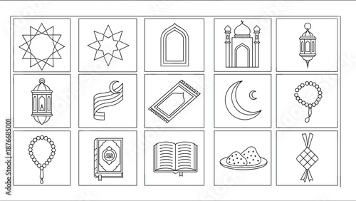 Set of minimalist Islamic symbols and Ramadan themed line art icons, perfect for representing faith, worship, and cultural traditions during Eid