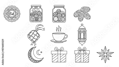 Elegant line art icon set for Islamic celebrations, featuring traditional elements, symbols, and festive items for Ramadan and Eid Al-Fitr designs