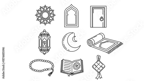 A comprehensive set of minimalist line art vector icons representing Islamic culture and Ramadan essentials for festive designs and holy month celebrations