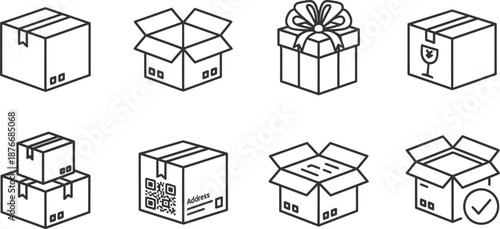 Collection of various shipping boxes and packaging icons for delivery and logistics