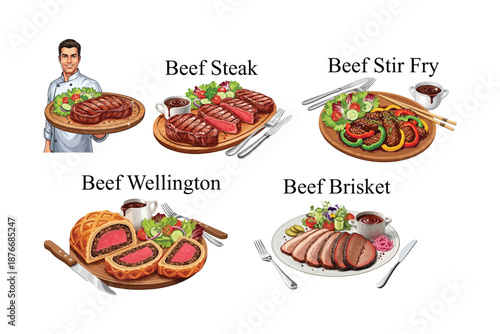 A delightful culinary display featuring various premium beef dishes and a smiling chef. Food vector Icons Set.