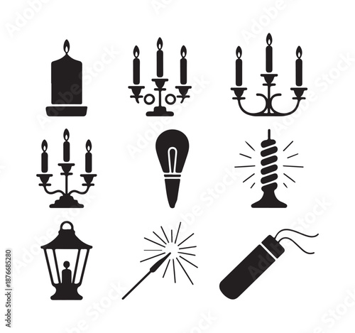 Decorative candelabra and candle silhouettes including sparkler and bulb icons for holiday graphics
