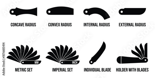 Radius gauges set vector illustration in metric and imperial units, with concave, convex, internal, and external blades