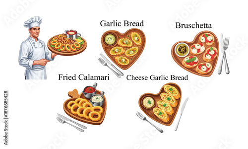 A chef presents a delightful assortment of fried calamari, garlic bread, bruschetta, and cheese garlic bread. Food vector Icons Set.