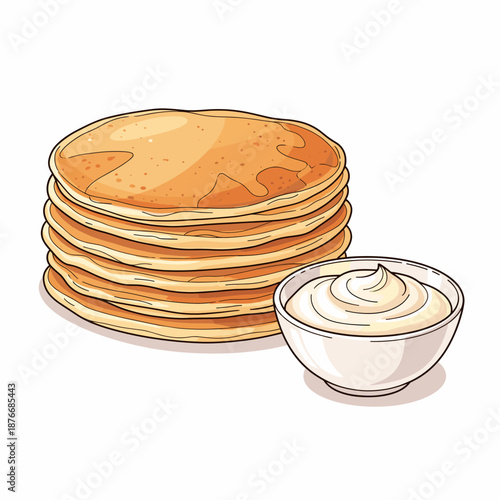 Stack of pancakes with sour cream on a white background for Maslenitsa  