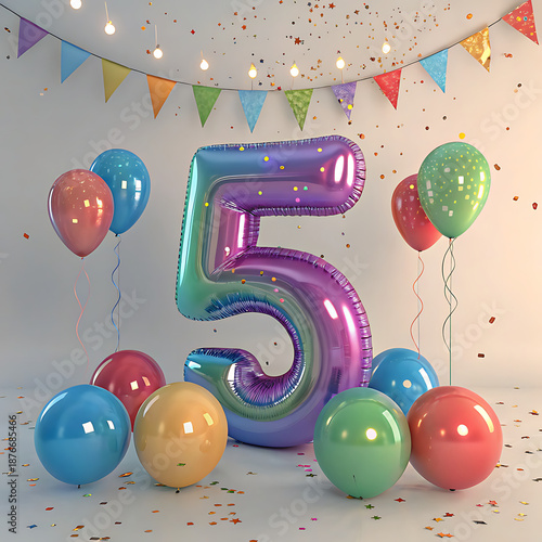Festive number 5 with balloons for fifth joyous celebration and decoration.