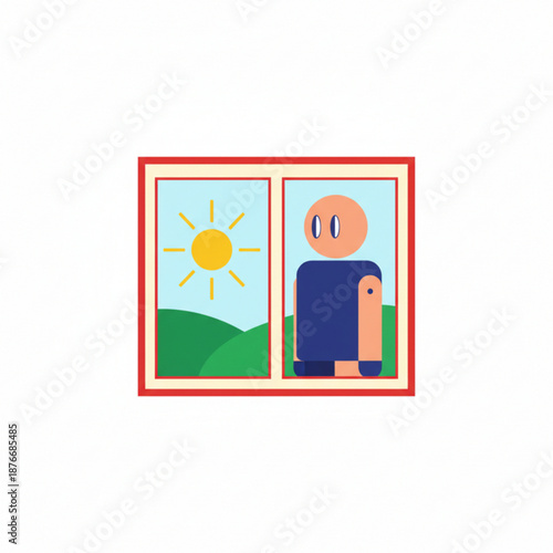 Man gazing through window at sunny day for dream and comfort.