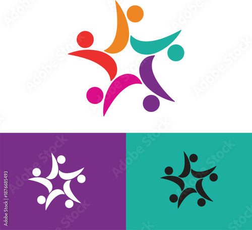 Vibrant abstract community of diverse people forming a collaborative star shape logo design