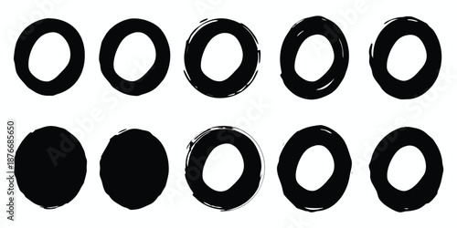 Round brush paint strokes. Black ink circles. Vector grunge calligraphic circular smears. Grungy black Chinese ink dot set. Paintbrush line border frames.
