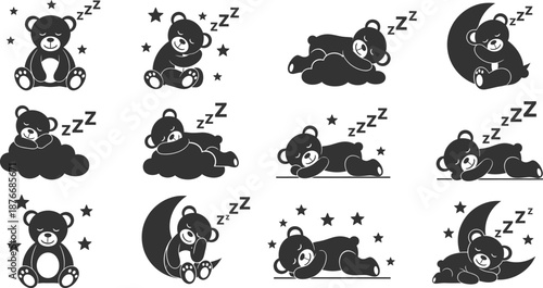 Collection of sleeping bear clipart illustrations in black and white