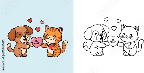 Cute cartoon dog and cat holding Be Mine heart with coloring page outline vector illustration