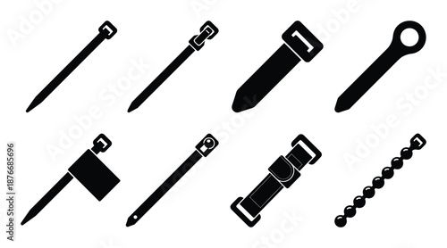Assortment of cable ties illustrations, black silhouettes on white background