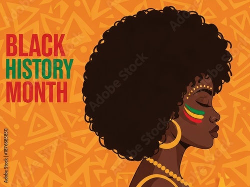 Profile of a Black woman with tribal face paint and natural afro for Black History Month, orange background with ethnic patterns.