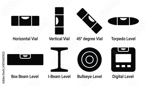 Level Types Vector Icons: Horizontal, Vertical, Degree, Torpedo, Box Beam, I-Beam, Bullseye, and Digital